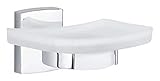 tesa KLAAM Seifenschale mit Wandhalterung, satiniertem Glas und verchromtem Edelstahl - zur Wandbefestigung ohne Bohren, inkl. Klebelösung - 60mm x 132mm x 120mm