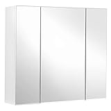 VASAGLE Spiegelschrank, Badezimmerschrank, Aufbewahrungsschrank mit 3 Türen, 60 x 15 x 55 cm, mit verstellbaren Regalebenen, modern, weiß BBK22WT