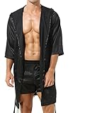 FEESHOW Herren Morgenmantel Lang Satin Bademantel V Ausschnitt Kimono Robe Ohne Shorts Mode Nachtwäsche Schwarz_E M