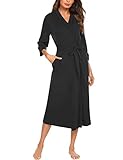 UNibelle Damen Morgenmantel Kimono Satin Kurz Robe Bademantel Nachtwäsche Sleepwear V Ausschnitt mit Gürtel Schwarz XXL