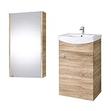 Planetmöbel Badmöbel Set aus Waschtisch + Waschbecken + Spiegelschrank, Gäste Bad WC, Farbe Sonoma Eiche