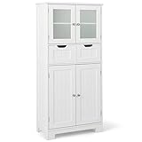 COSTWAY Badschrank mit 2 Schubladen und 4 Türen, Badezimmerschrank mit verstellbaren Regalen, Badkommode Aufbewahrungsschrank für Badezimmer, Küche, Wohnzimmer, weiß