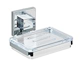 WENKO Vacuum-Loc® Wand Seifenablage Quadro, Seifenschale für Bad und Küche, Wandhalterung ohne Bohren, rostfreier, glänzender Edelstahl mit transparenter Kunststoffschale, 12 x 6,5 x 12 cm