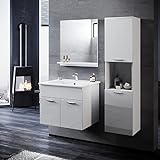 SONNI Badmöbel Set mit Waschbecken mit Unterschrank und Spiegel Badezimmermöbel mit Hochschrank 3-teilig 60cm Hochglanz weiß für kleine Bäder