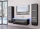 HOMELINE Badmöbelset 60 cm Schwarz vormontiert Badezimmermöbel Waschbeckenschrank mit waschtisch Spiegel Zwei Hochschränken mit LED Hochglanz Badmöbe Set
