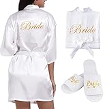 BETESSIN Bride Morgenmantel Damen Bademantel Satin Kimono V Ausschnitt Nachtwäsche mit Hausschuhe für Hochzeit JGA Partydeko