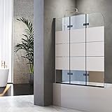 Duschwand für Badewanne Faltbar 130 x 140 cm 3 teilig Faltbar mit 6mm Sicherheitsglas NANO Beschichtung Faltwand,Schwarz Aluminiumrahmen,Weiß Gestreifte Glasoberfläche, Leicht zu Reinigen