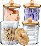 4 Stück Qtip Halter, Badezimmer-Behälter, Wattepads Behälter Box, Wattestäbchen Aufbewahrung, Wattestäbchen Halter, Stapelbar Wattestäbchen Halter mit Bambusdeckel, für Wattebällchen, Wattestäbchen