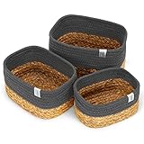 NORDIS DESIGN Aufbewahrungskörbe 3er Set aus Wasserhyazinthe und Baumwolle, Bad Aufbewahrungskorb geflochten als Badkorb zur Badezimmer Aufbewahrung & Bad Organisation dunkelgrau