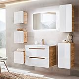 Lomadox Badezimmermöbel Set mit 81 cm Waschtisch & LED-Spiegel, Hochglanz weiß mit Wotan Eiche Nb, B/H/T ca. 180/200/46 cm