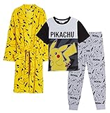 Pokemon Jungen Schlafanzug + Bademantel Kinder Pikachu passende Nachtwäsche Set Pjs + Morgenmantel, gelb, 134