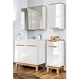 Lomadox Badezimmer Badmöbel Set 4-teilig 60 cm Hochglanz weiß mit Keramik Waschbecken, Waschtischunterschrank, Hängeschrank, Unterschrank und Spiegelschrank