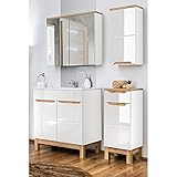 Lomadox Badezimmer Badmöbel Set 4-teilig 60 cm Hochglanz weiß mit Keramik Waschbecken, Waschtischunterschrank, Hängeschrank, Unterschrank und Spiegelschrank